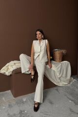 Bej Keten Yelek Pantolon Takım