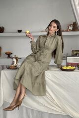 Çağla Çizgi Desenli Uzun Elbise