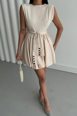 BALON ETEKLİ TASARIM KISA ELBİSE - Bej