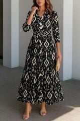 Kadın Uzun Kollu Eteği Fırfırlı Beli Kuşaklı Trikoton Tam Boy Gömlek Elbise