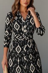 Kadın Uzun Kollu Eteği Fırfırlı Beli Kuşaklı Trikoton Tam Boy Gömlek Elbise