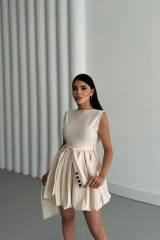BALON ETEKLİ TASARIM KISA ELBİSE - Bej