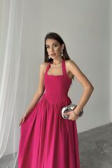 Fuşya Boyundan Bağlamalı Keten Elbise