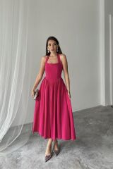 Fuşya Boyundan Bağlamalı Keten Elbise