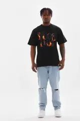 Unisex Baskılı Oversize T-Shirt - Siyah