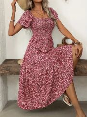 Kadın Kısa Kollu Gipe Detaylı Desenli Midi Süprem Elbise