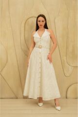 Beyaz İnci Kemer Detaylı Dantelli Elbise