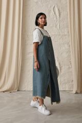 Mavi Askılı Düğmeli Kot Elbise