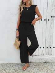 Kadın Kolsuz Bisiklet Yaka Aerobin Bluz Ve Bağcıklı Pantolon