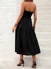 Kadın Straplez Göğüsten Lastikli Kloş Aerobin Uzun Elbise