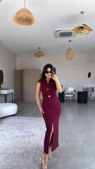 Kadın Bisiklet Yaka Broş Detay Yırtmaçlı Maxi Boy Ottoman Elbise