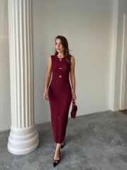 Kadın Bisiklet Yaka Broş Detay Yırtmaçlı Maxi Boy Ottoman Elbise