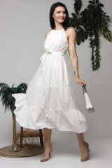 Ekru Halter Yakalı Kuşaklı Elbise