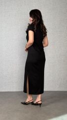 Kadın Kısa Kollu Yakalı Yandan Yırtmaçlı Viskon Iki Iplik Elbise