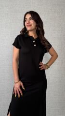 Kadın Kısa Kollu Yakalı Yandan Yırtmaçlı Viskon Iki Iplik Elbise