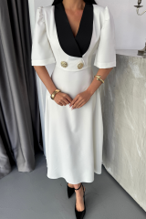 TASARIM ELBİSE CEKET YAKA GOLD DÜĞME DETAYLI KISA KOL - Beyaz
