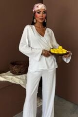 Kruvaze Model Klasik Pantolonlu Çupra Keten Takım 10191