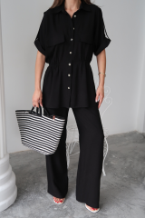 KETEN BELDEN BÜZGÜ DETAYLI GÖMLEK - PANTOLON TAKIM - Siyah