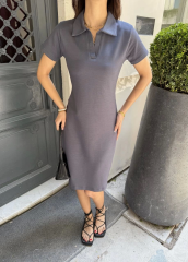 Osy Modal Yumuşak Dokulu Kumaş Yakalı Kısa Kollu Elbise - Füme