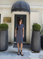 Osy Modal Yumuşak Dokulu Kumaş Yakalı Kısa Kollu Elbise - Füme