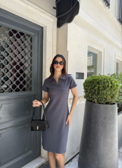 Osy Modal Yumuşak Dokulu Kumaş Yakalı Kısa Kollu Elbise - Füme