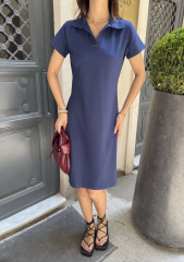 Osy Modal Yumuşak Dokulu Kumaş Yakalı Kısa Kollu Elbise - Mavi