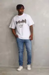 Unisex Baskılı Oversize T-Shirt - Beyaz