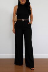 Kadın Yüksek Bel Geniş Paça Detaylı Cepli Ithal Krep Pantolon