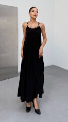 Kadın Omuz Askılı Kuş Gözü Zincir Detay Sandy Kumaş Maxi Boy Elbise