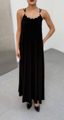 Kadın Omuz Askılı Kuş Gözü Zincir Detay Sandy Kumaş Maxi Boy Elbise