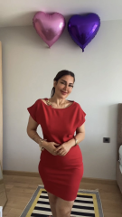 Kadın Kısa Kollu Tek Omuz Askı Ve Aksesuar Detay Beli Lastikli Krep Elbise