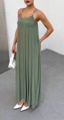 Kadın Omuz Askılı Kuş Gözü Zincir Detay Sandy Kumaş Maxi Boy Elbise