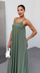 Kadın Omuz Askılı Kuş Gözü Zincir Detay Sandy Kumaş Maxi Boy Elbise