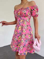 Yakası Lastikli Bağcık Detaylı Mini Elbise -Pembe