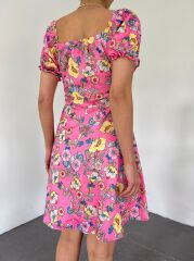 Yakası Lastikli Bağcık Detaylı Mini Elbise -Pembe