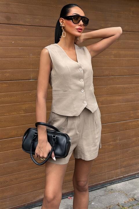 Yelek Şort Flamlı Keten Takım 10133-17