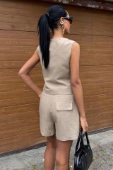 Yelek Şort Flamlı Keten Takım 10133-17