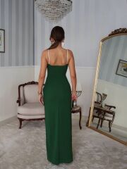 Kadın Omuz Askılı Derin Yırtmaç Detay Maxi Boy Elbise