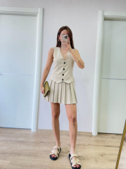 Takım Görünümlu Yelekli Mini Elbise- Bej