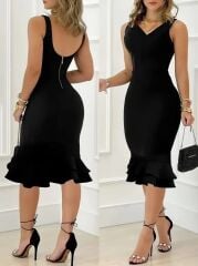 Kadın Askılı V Yaka Arkadan Fermuarlı Dalgıç Elbise