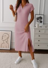 Kadın Kısa Kollu Yakalı Yandan Yırtmaçlı Kalın Fitilli Kaşkorse Elbise