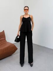 Kadın Siyah Dokulu Askılı Üst Ve Bol Paça Pantolon 2’li Takım