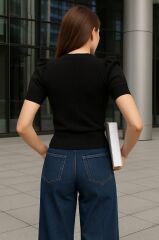 Kadın V Yaka Önü Büzgü Detaylı Triko Bluz