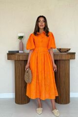 Oranj Pileli Balkon Elbise