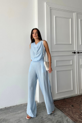 DEGAJE YAKA KOLSUZ BLUZ - PANTOLON TAKIM - Mavi