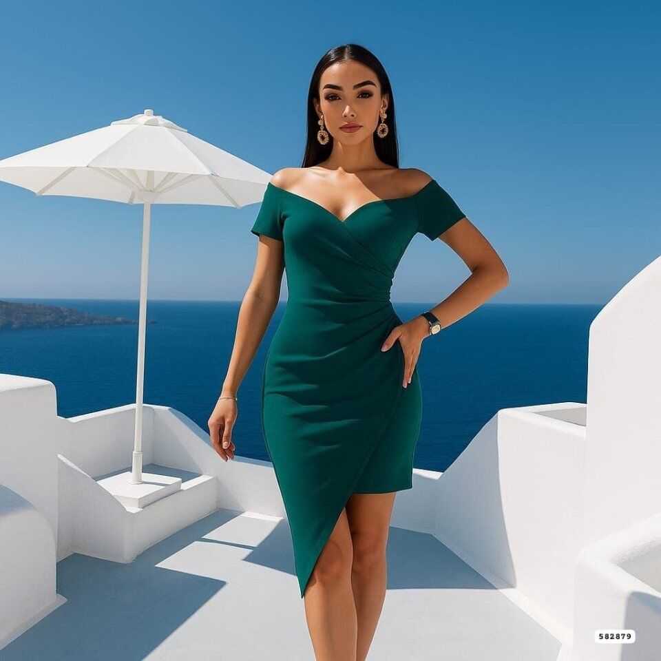 Kadın Dekolte Detay Madonna Yaka Asimetrik Kesim Kruvaze Elbise