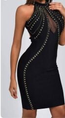 Kadın Dalgıç Kumaş Taş Detaylı Mini Boy Elbise