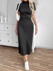 Kadın Yarı Balıkçı Yaka Yırtmaçlı Dalgıç Midi Elbise