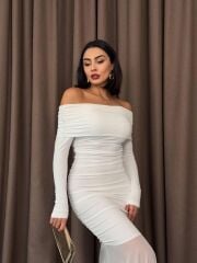 Tül Detaylı Straplez Elbise