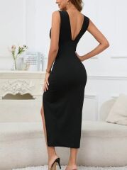 Kadın Askılı Derin V Dekolteli Yırtmaçlı Janjan Krep Elbise